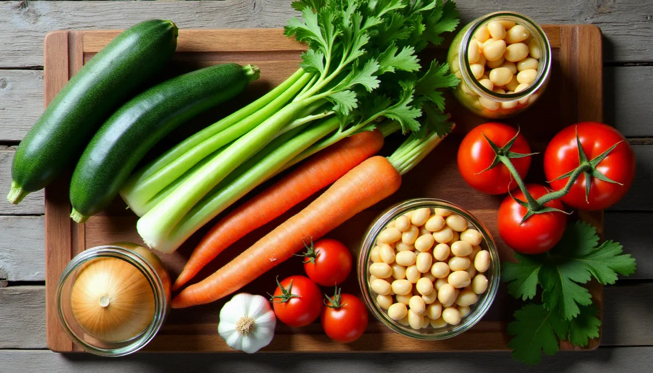 Vue de dessus des légumes frais disposés sur une planche en bois pour préparer un minestrone facile : courgettes, carottes, céleri, tomates, haricots cannellini et ail