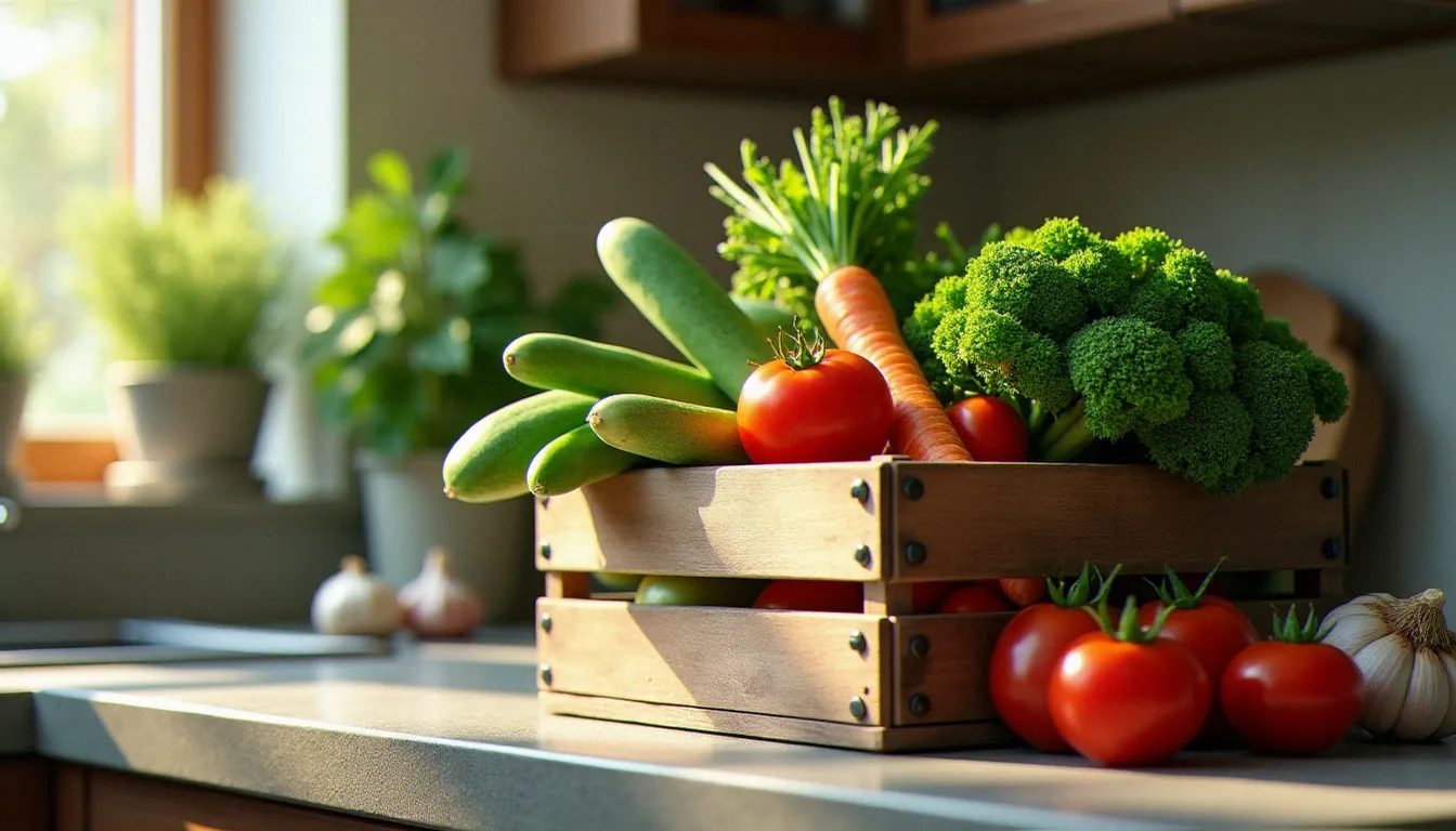Assortiment de légumes frais de saison posés sur un comptoir en pierre pour préparer un minestrone facile