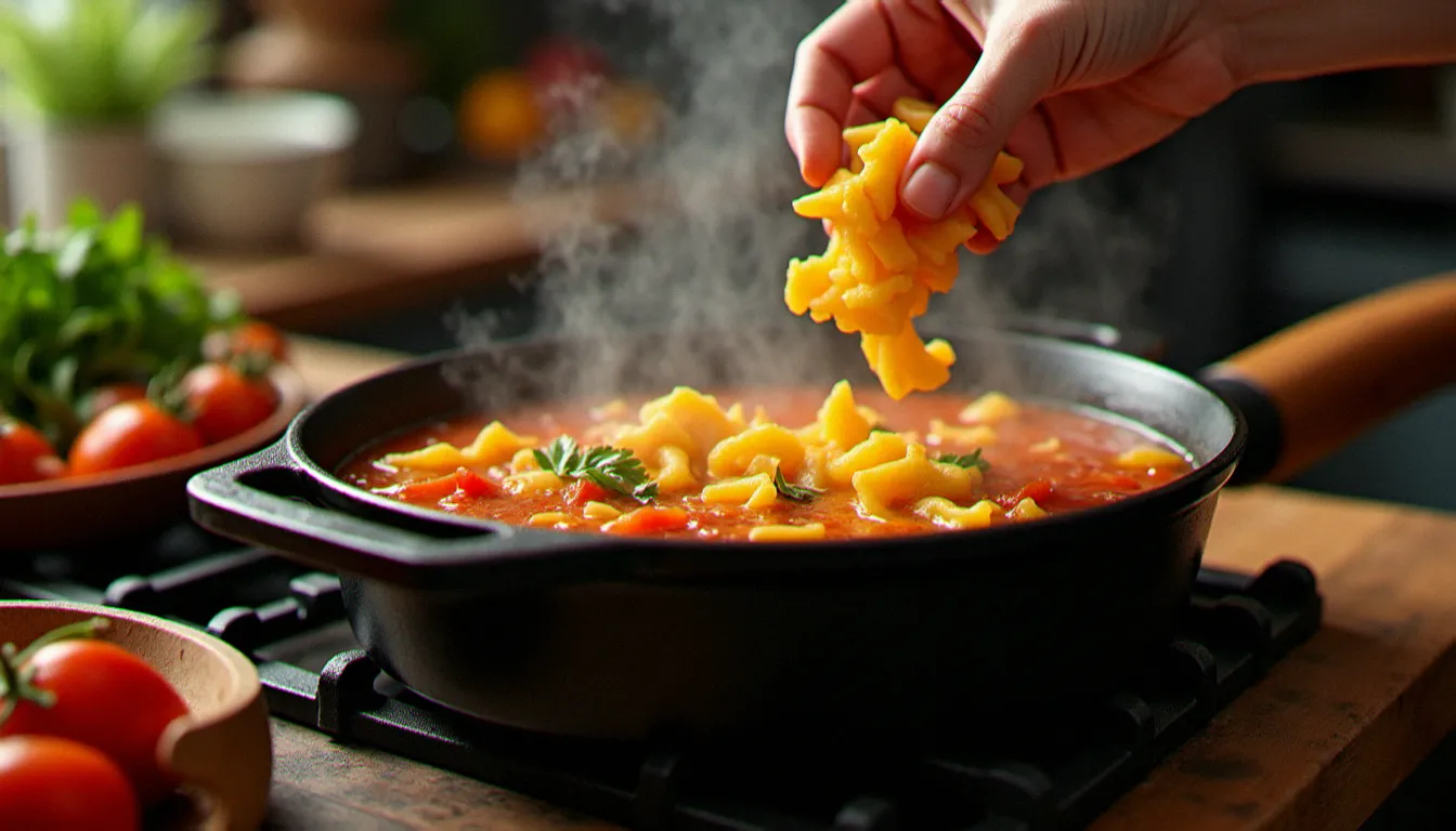 Gros plan d'une cocotte en fonte sur le feu contenant un minestrone en train de mijoter, avec une main ajoutant des petites pâtes dans le bouillon coloré aux légumes