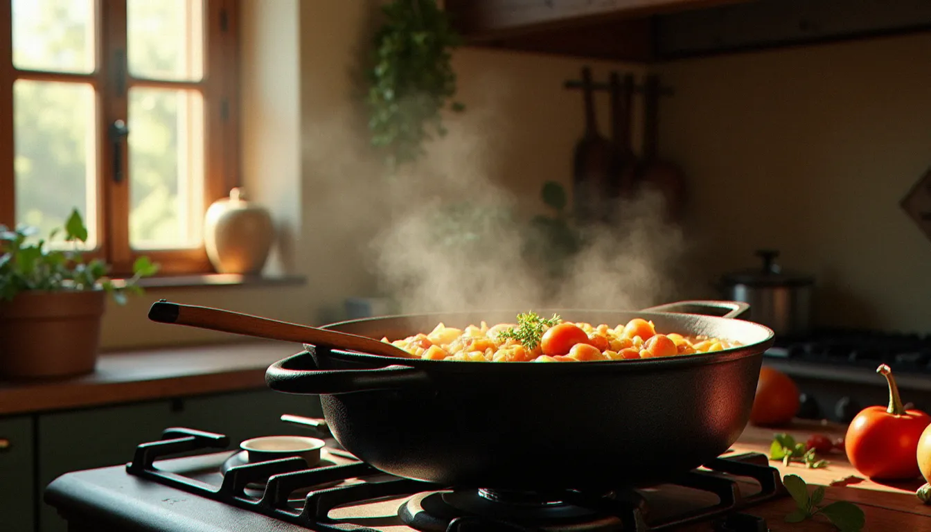 Grande cocotte en fonte avec minestrone qui mijote sur un feu de cuisinière dans une cuisine italienne rustique
