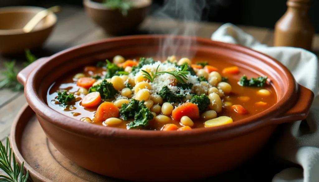 minestrone facile featured Bol de minestrone facile servi dans une cocotte en terre cuite rustique avec haricots, légumes et parmesan râpé