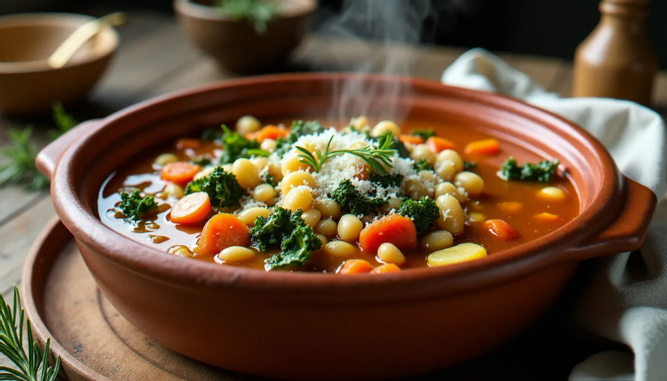 Bol de minestrone facile servi dans une cocotte en terre cuite rustique avec haricots, légumes et parmesan râpé