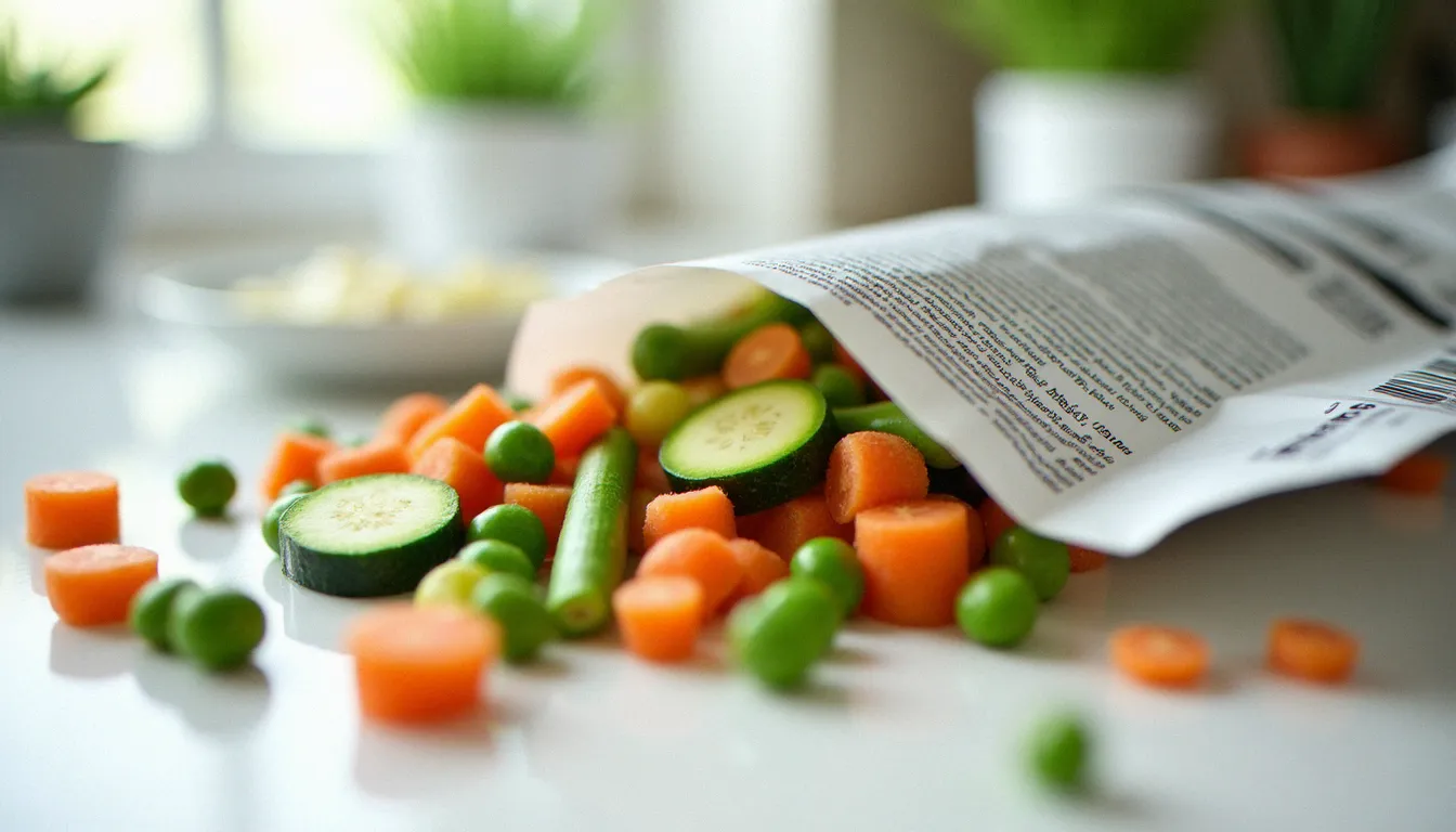 Sachet de légumes surgelés ouvert avec carottes, petits pois, haricots verts et courgettes étalés sur un plan de travail blanc, illustrant la composition du minestrone Findus