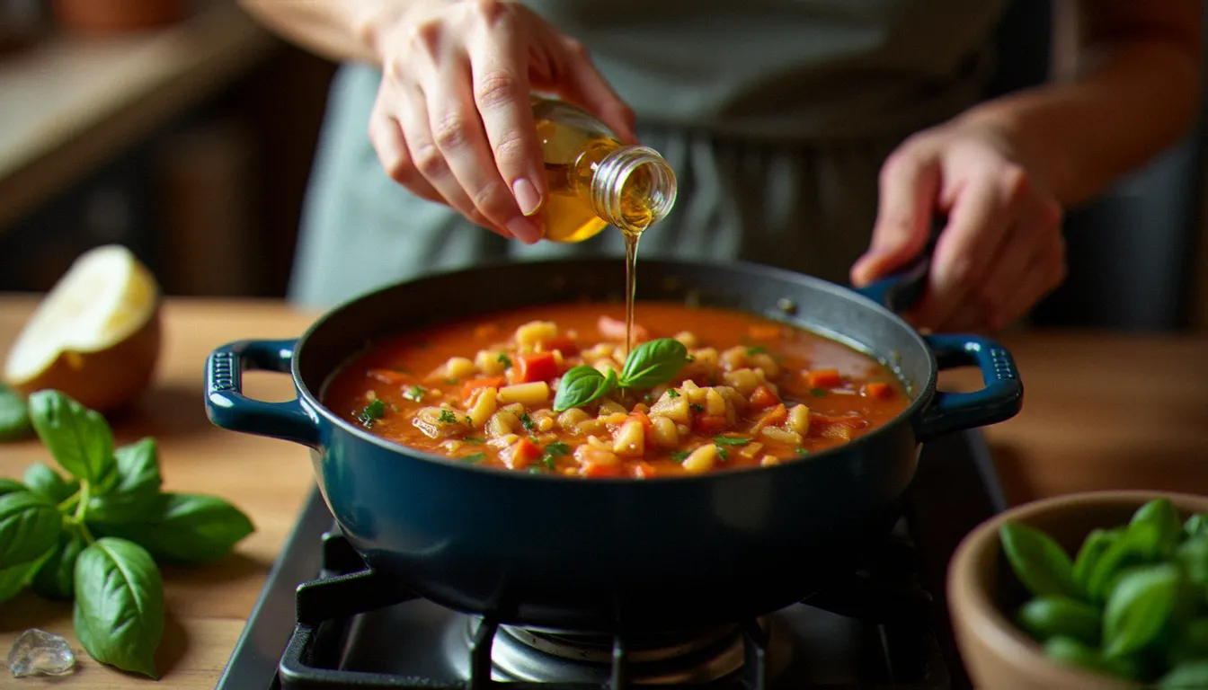 Mains versant un filet d'huile d'olive extra vierge dans une casserole de minestrone en train de mijoter sur un fourneau à gaz, façon de sublimer un minestrone Findus avec des ingrédients de qualité