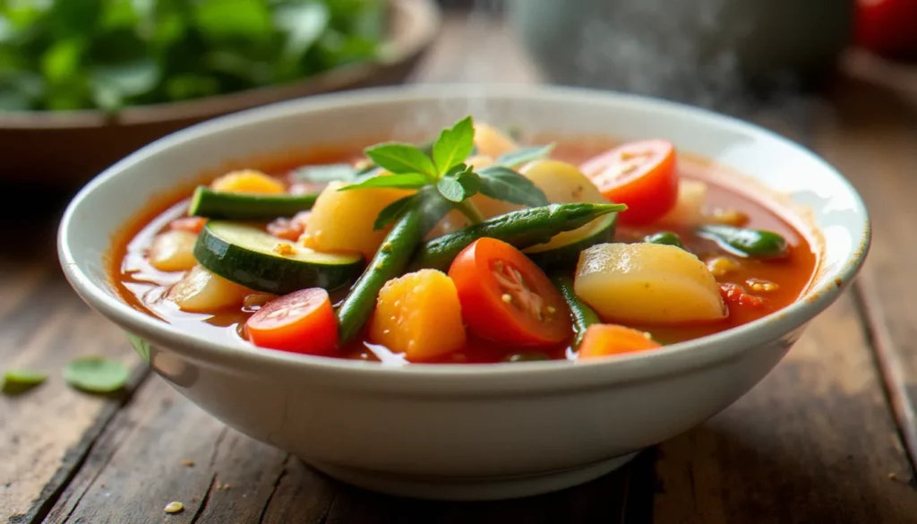 Bol de minestrone aux légumes colorés servi dans une assiette creuse en céramique blanche, représentatif du minestrone Findus et de ses légumes variés