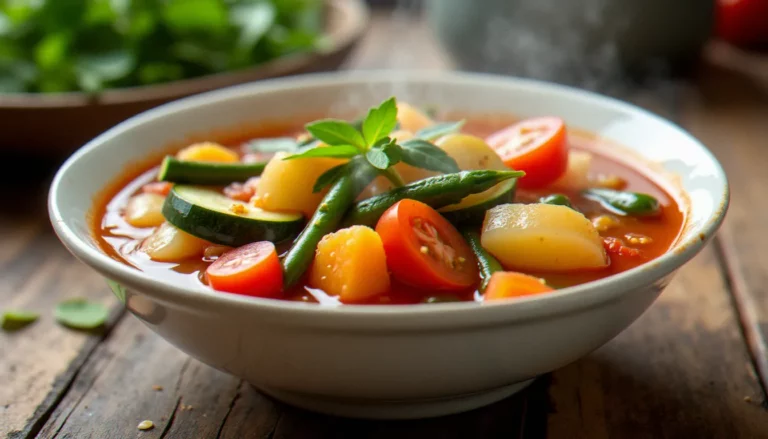Bol de minestrone aux légumes colorés servi dans une assiette creuse en céramique blanche, représentatif du minestrone Findus et de ses légumes variés