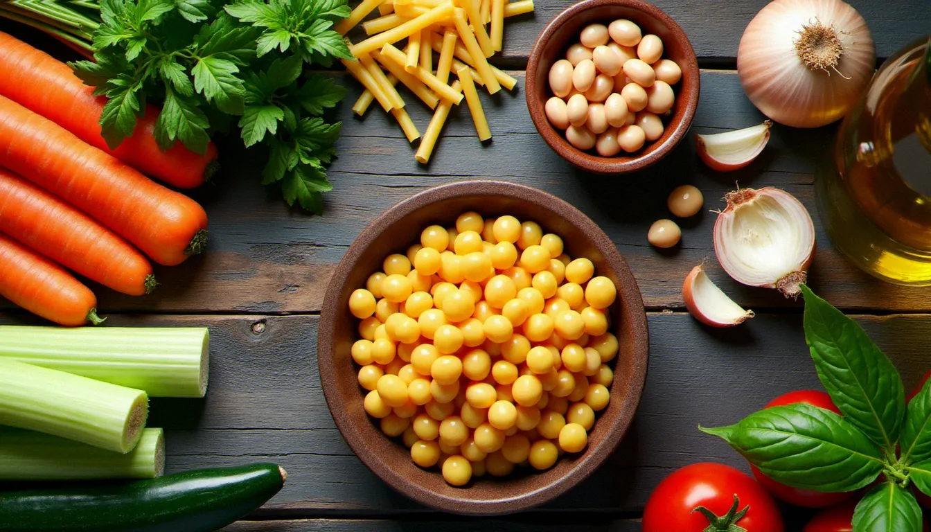 Vue du dessus des ingrédients frais pour minestrone soup italienne disposés sur une table en bois : légumes découpés, haricots borlotti, ail, tomates et pâtes tubettini