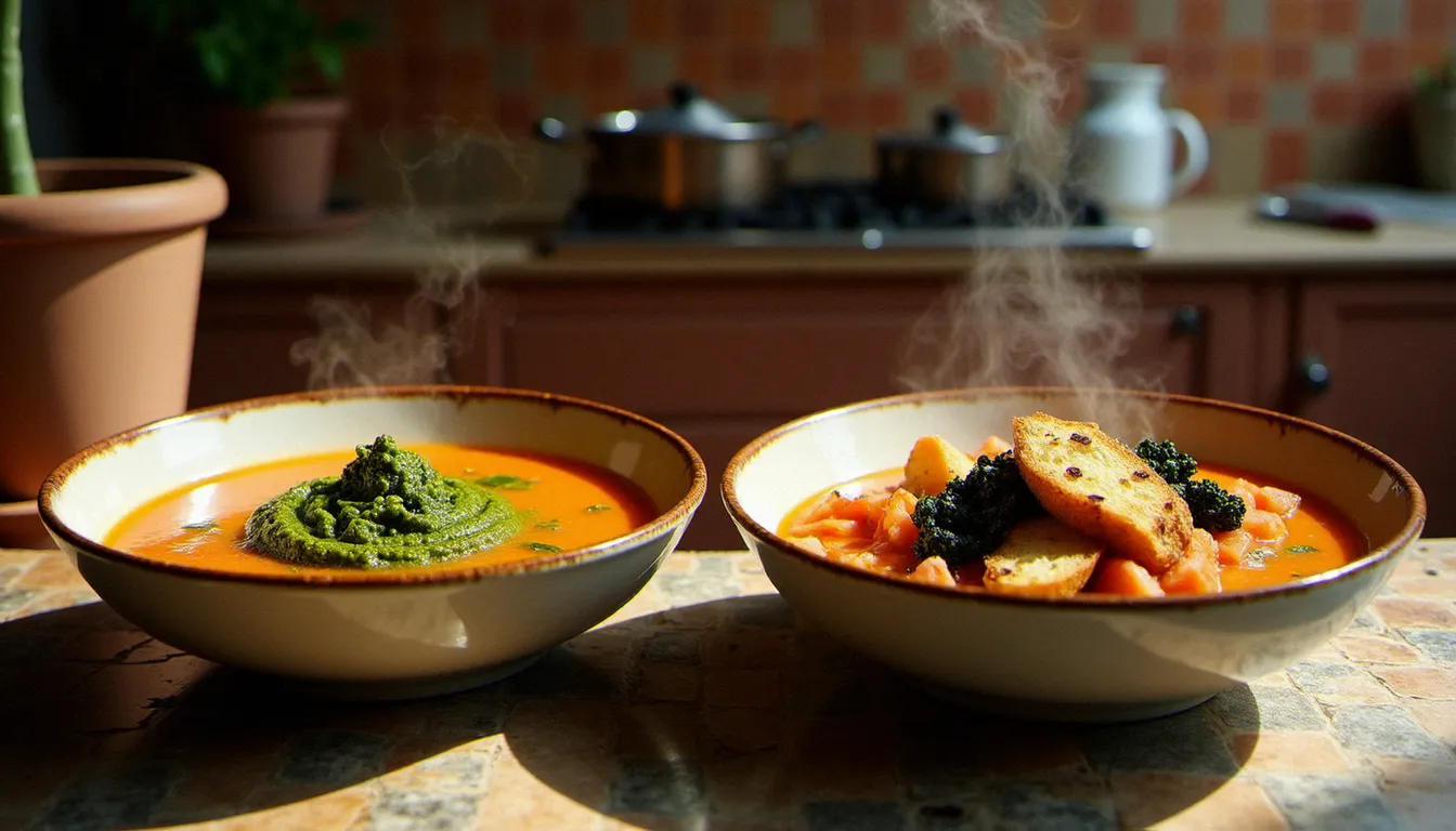 Deux bols de minestrone soup régionale italienne côte à côte : version génoise au pesto vert et version toscane ribollita avec pain grillé et cavolo nero