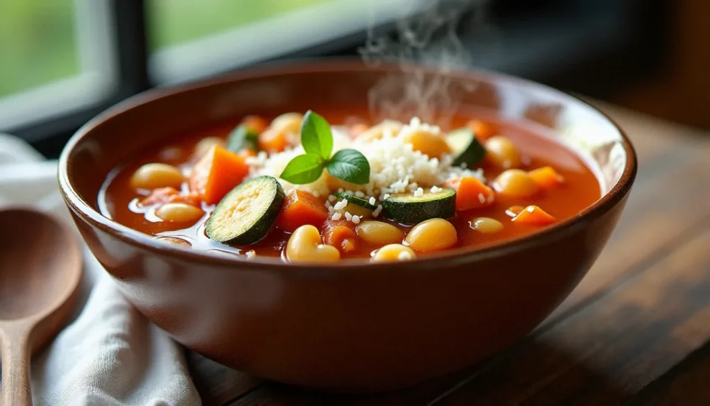 Bol de minestrone soup italienne maison avec légumes colorés, haricots borlotti et pâtes dans un bouillon tomate, garnie de parmesan râpé et d'un filet d'huile d'olive