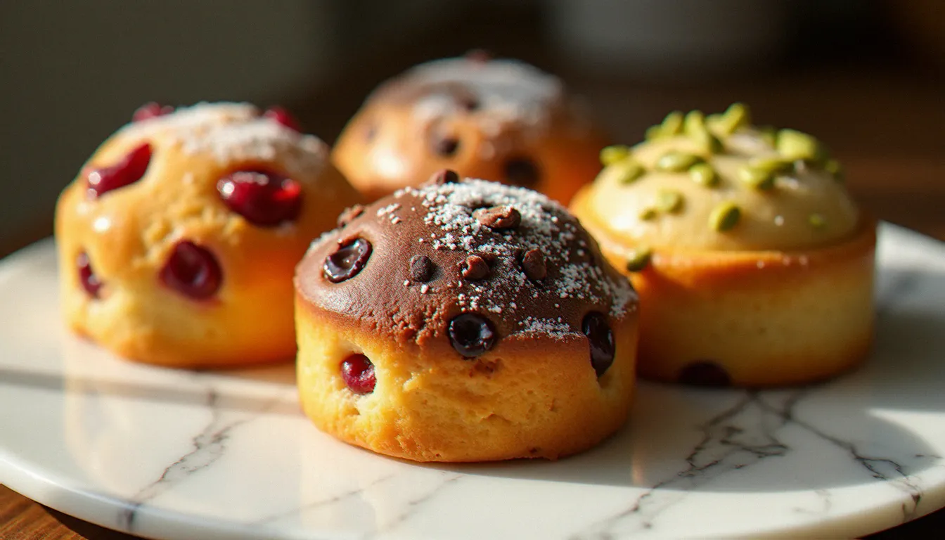Trois variantes de panettone italien côte à côte — classique aux fruits confits, au chocolat et à la pistache — sur un plan de travail en marbre