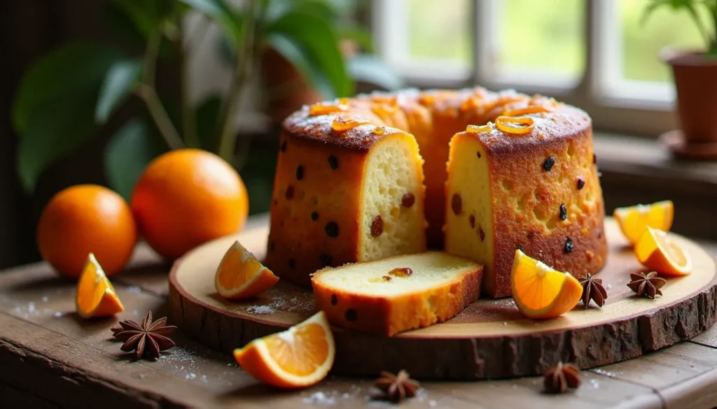 Panettone italien artisanal entier et tranché sur une table en bois, révélant une mie filante avec des raisins secs et des écorces d'oranges confites