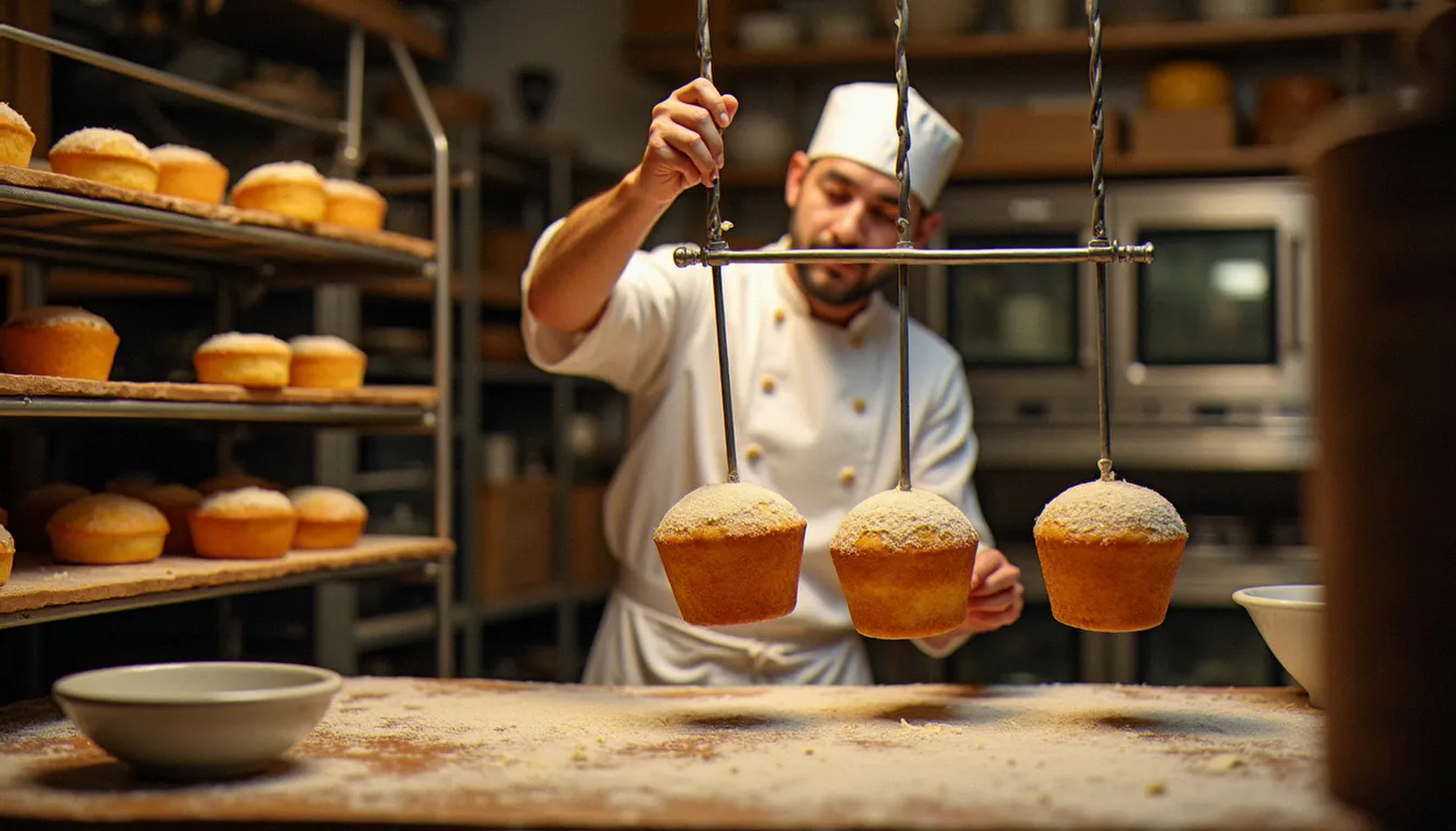Boulanger artisan retournant des panettoni fraîchement cuits tête en bas sur des broches métalliques dans un laboratoire de pâtisserie traditionnel italien