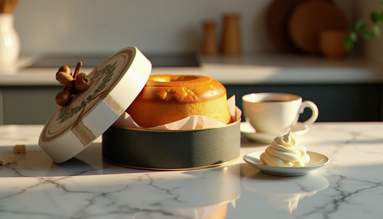 Boîte collector de panettone Loison ouverte sur un comptoir en marbre, avec le panettone doré dans son papier de soie, une tasse d'espresso et une coupelle de mascarpone au marsala