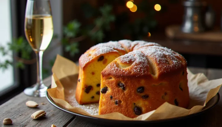 Panettone Loison artisanal entier en moule papier, tranché pour révéler une mie filante et dorée aux fruits confits, sur une table en bois rustique avec un verre de Prosecco
