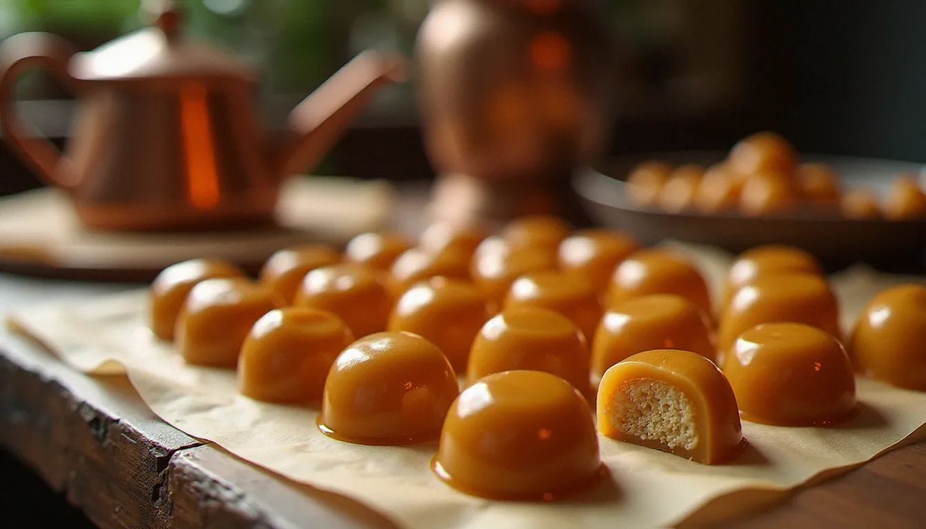 Marrons glacés entiers artisanaux sur papier sulfurisé dans un atelier de confiserie italienne traditionnelle, certains coupés pour révéler leur intérieur ambré