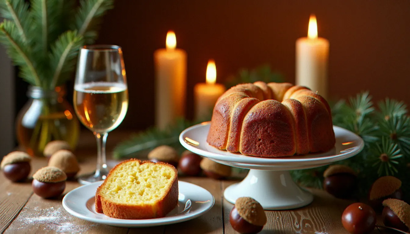 Table de fête italienne élégante avec un panettone marron glacé tranché sur un présentoir en porcelaine blanche, accompagné d'un verre de Moscato d'Asti à la lueur des bougies