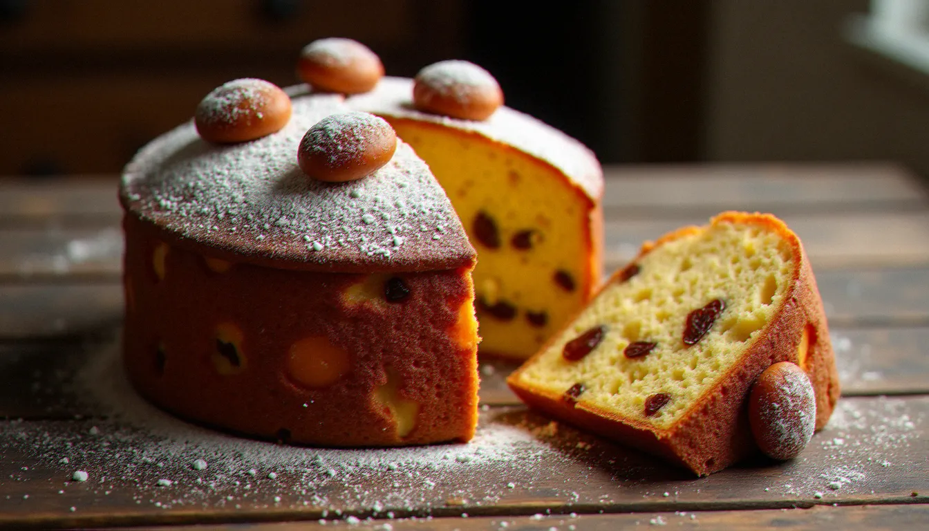 Panettone marron glacé artisanal entier et tranché, avec des marrons glacés entiers sur le dessus et une mie aérée parsemée de morceaux de marrons confits