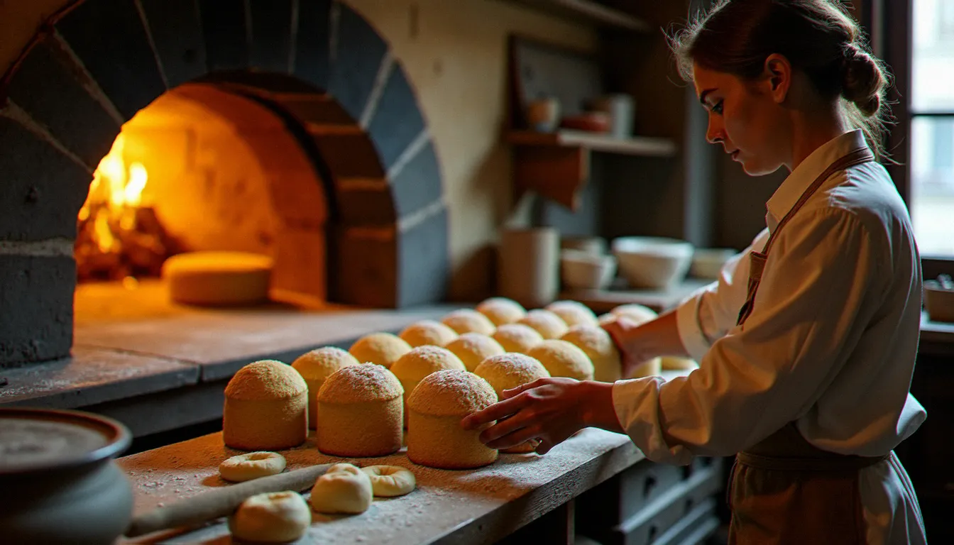Un boulanger milanais plaçant des moules en papier cylindriques remplis de pâte à panettone sur une étagère en bois dans un fournil traditionnel du début du XXe siècle.