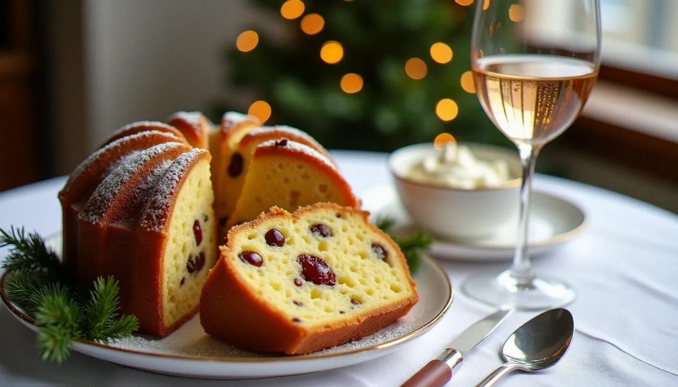 Panettone tranché révélant sa mie filante dorée parsemée de raisins secs et de fruits confits, accompagné d'un verre de Moscato d'Asti et d'un bol de mascarpone, sur une table de Noël italienne.