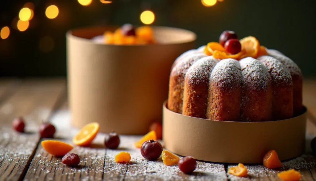Panettone Motta dans sa boîte cylindrique illustrée, posé sur une table en bois avec des raisins secs et des écorces d'orange confites autour.