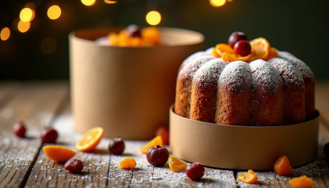 Panettone Motta dans sa boîte cylindrique illustrée, posé sur une table en bois avec des raisins secs et des écorces d'orange confites autour.
