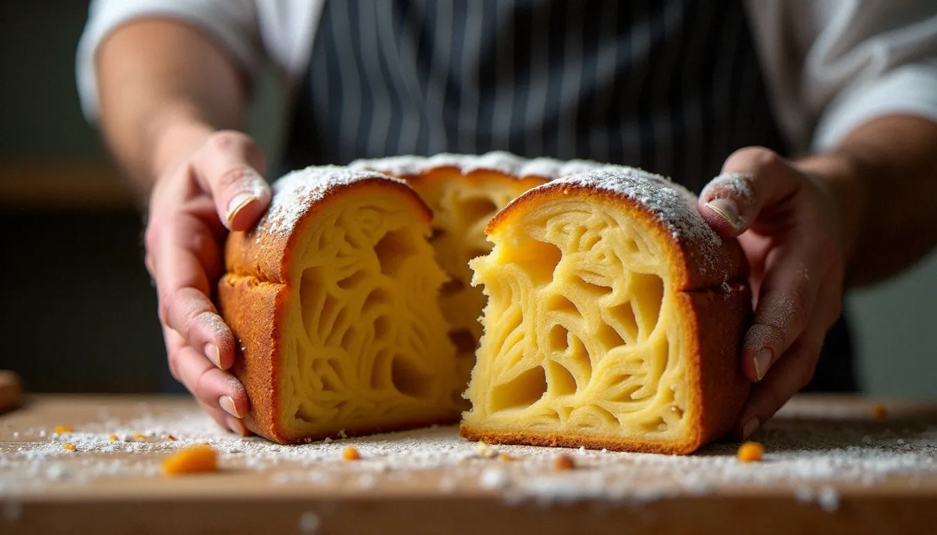 Mains d'un artisan boulanger déchirant un panettone frais pour révéler la mie filante dorée caractéristique du levain naturel, dans une boulangerie artisanale italienne