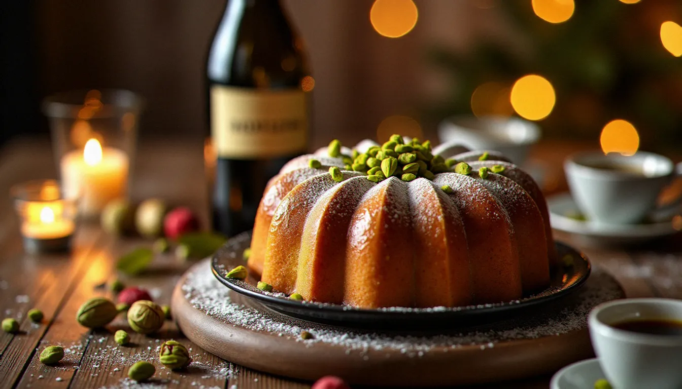 Table de fête italienne avec un panettone pistache glacé décoré de pistaches concassées et de sucre glace, accompagné d'une bouteille de Moscato d'Asti et de tasses à espresso à la lumière des bougies