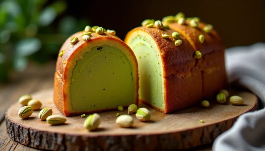 Panettone pistache artisanal tranché révélant une crème de pistache verte et onctueuse dans la mie dorée, entouré de pistaches de Bronte décortiquées sur une planche en bois