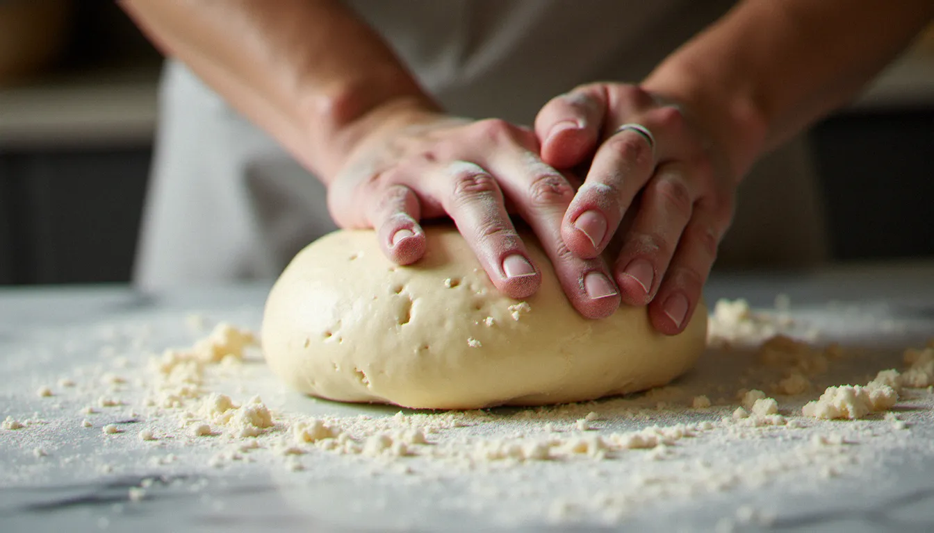 Mains d'artisan pétrissant le lievito madre, levain naturel solide utilisé dans la recette traditionnelle italienne du panettone, sur un plan de travail en marbre fariné