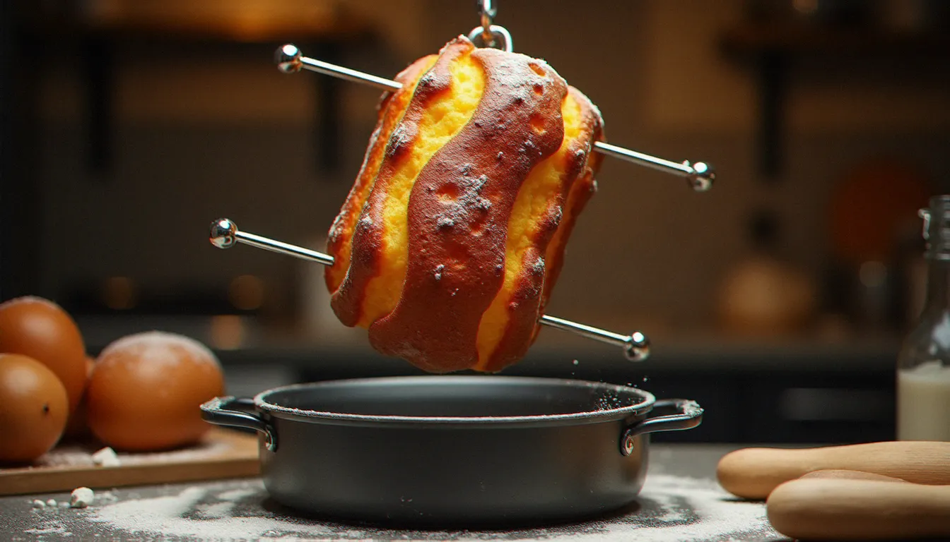 Panettone maison retourné tête en bas sur des broches métalliques pour refroidissement, étape essentielle de la recette traditionnelle italienne pour préserver la structure alvéolée