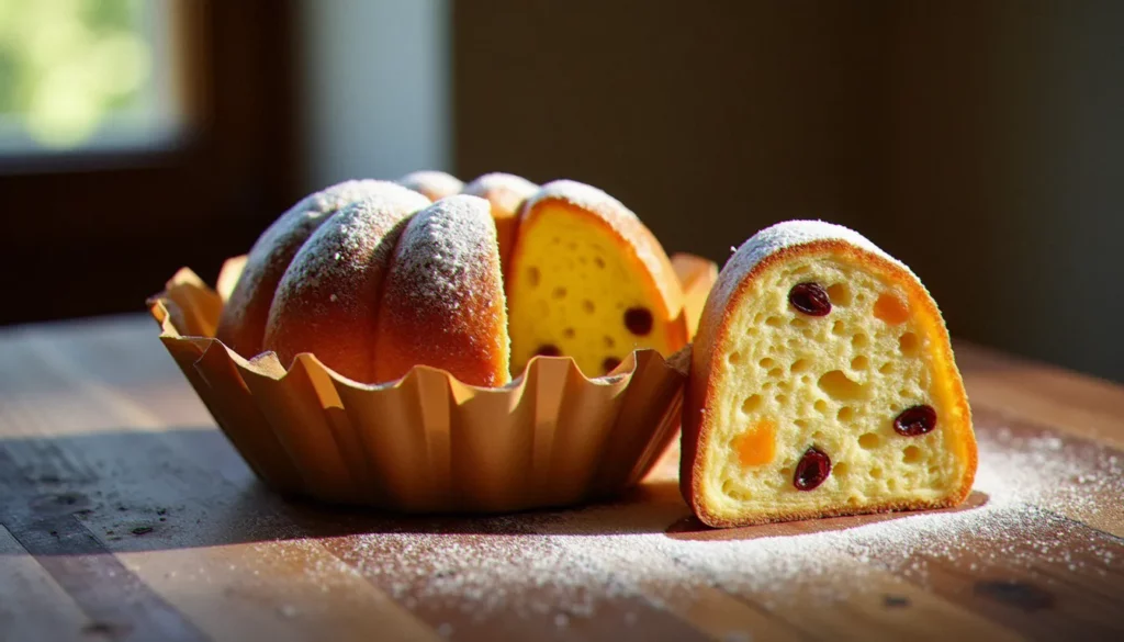 panettone recette traditionnelle italienne featured Panettone traditionnel italien entier dans son moule en papier avec une tranche révélant la mie alvéolée aux raisins et oranges confites, recette traditionnelle italienne