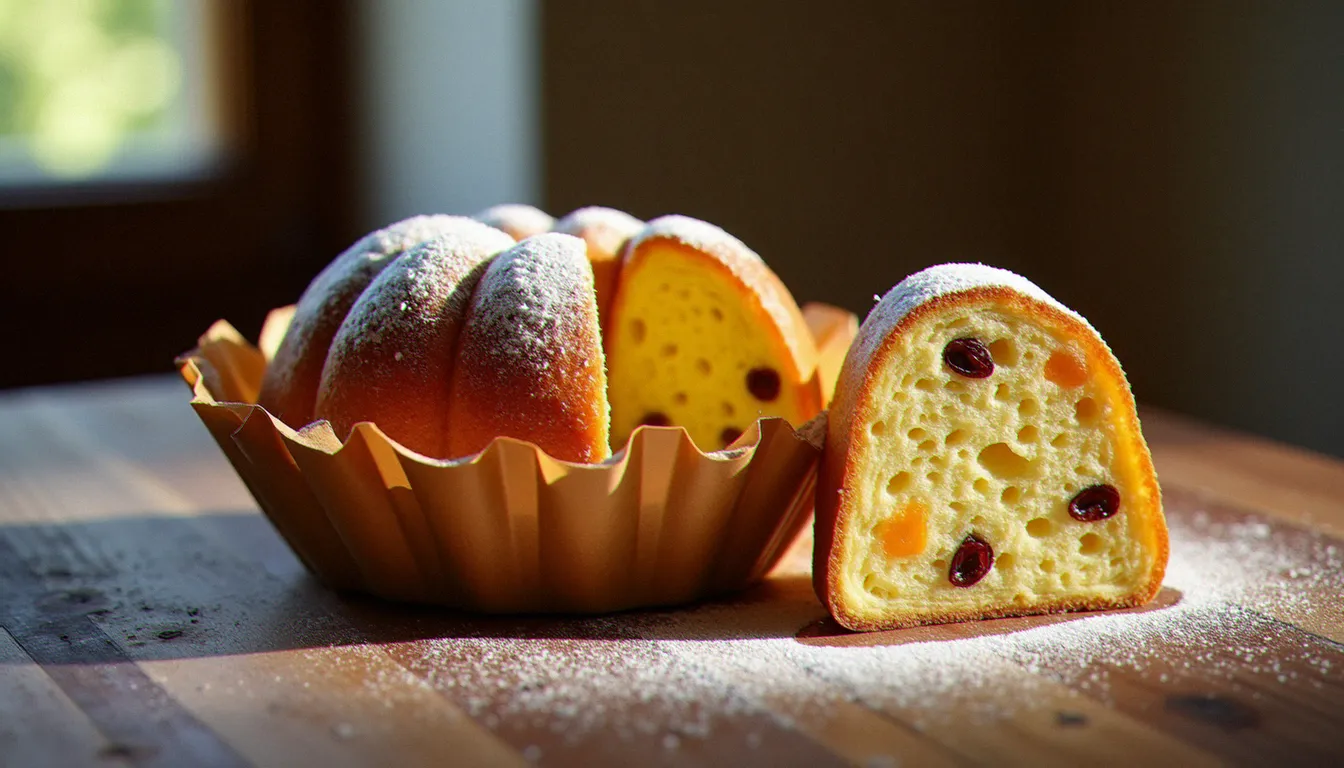 Panettone traditionnel italien entier dans son moule en papier avec une tranche révélant la mie alvéolée aux raisins et oranges confites, recette traditionnelle italienne