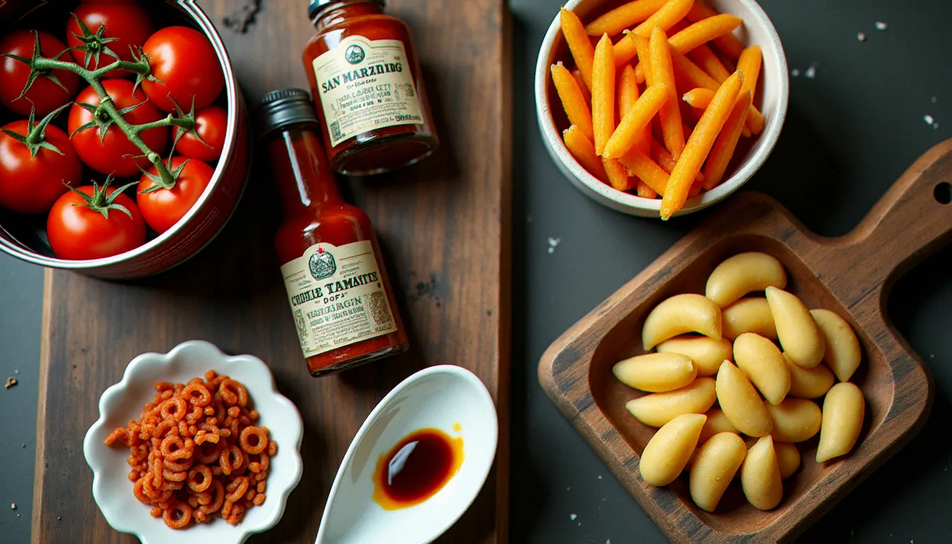 Ingrédients italiens gastronomiques AOP alignés sur bois vieilli : tomates San Marzano, colatura di alici, bottarga et vinaigre balsamique traditionnel de Modène