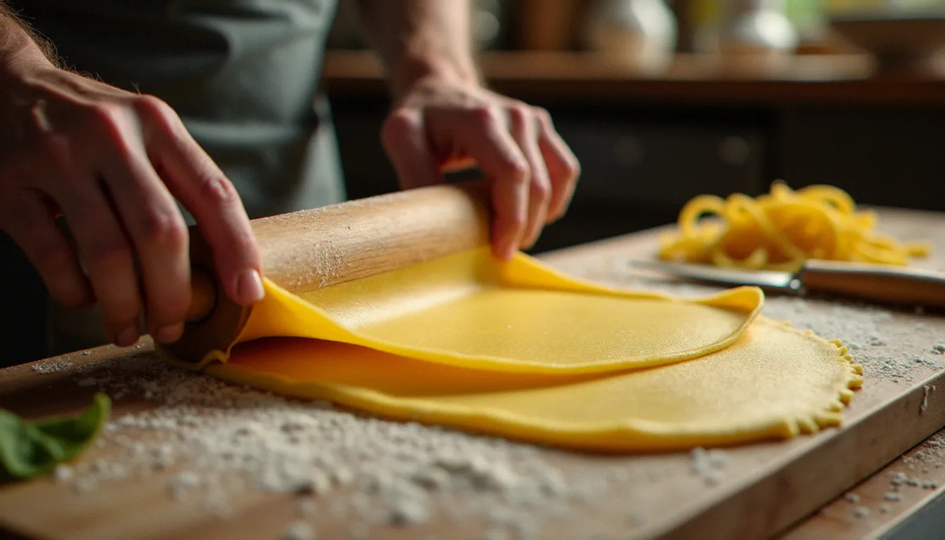 Mains pétrissant et étalant une pâte à tajarin fraîche sur une planche en bois farinée, technique de base de la cuisine italienne gastronomique piémontaise