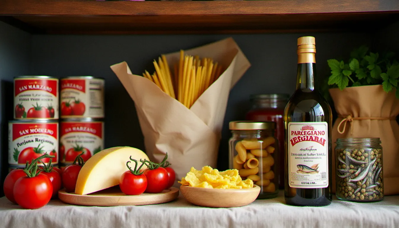 Étagère de placard avec ingrédients italiens authentiques : tomates San Marzano, parmesan AOP, huile d'olive extra-vierge, pâtes artisanales et câpres au sel