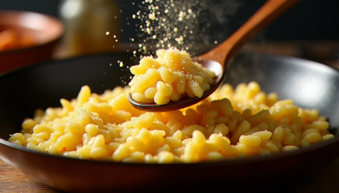 Cuillère en bois remuant un risotto alla parmigiana crémeux dans une poêle en cuivre, avec du parmesan fraîchement râpé saupoudré par-dessus