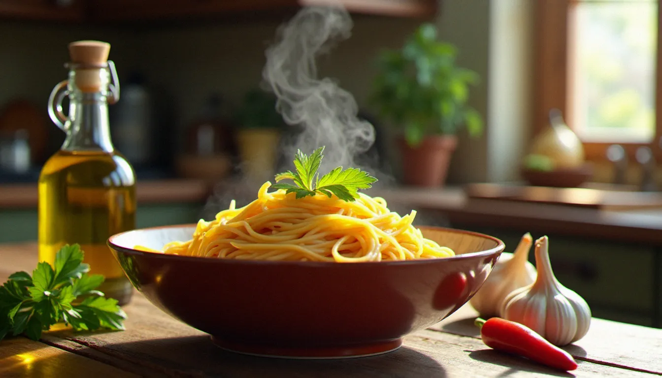 Bol de spaghetti aglio e olio fumants sur une table en bois rustique, avec ail frais, piment rouge et persil plat — recette italienne facile et rapide