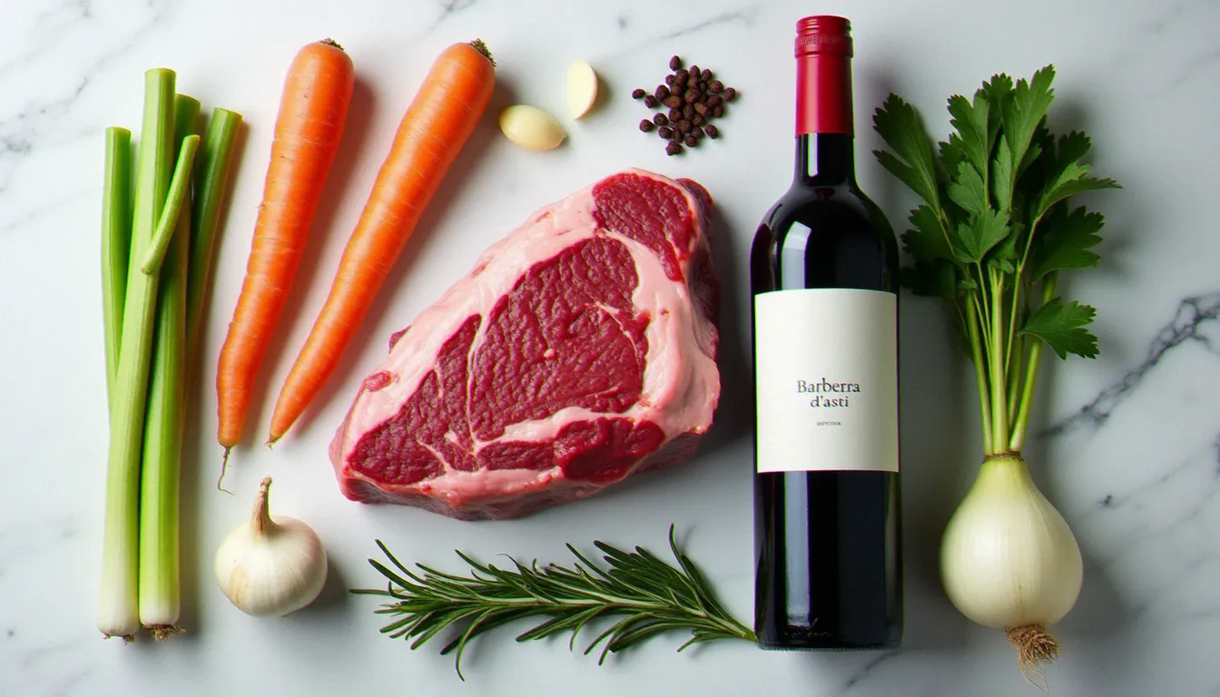 Ingrédients frais de la recette italienne Francesca disposés sur marbre : paleron de bœuf, bouteille de Barbera d'Asti, légumes aromatiques et épices piémontaises