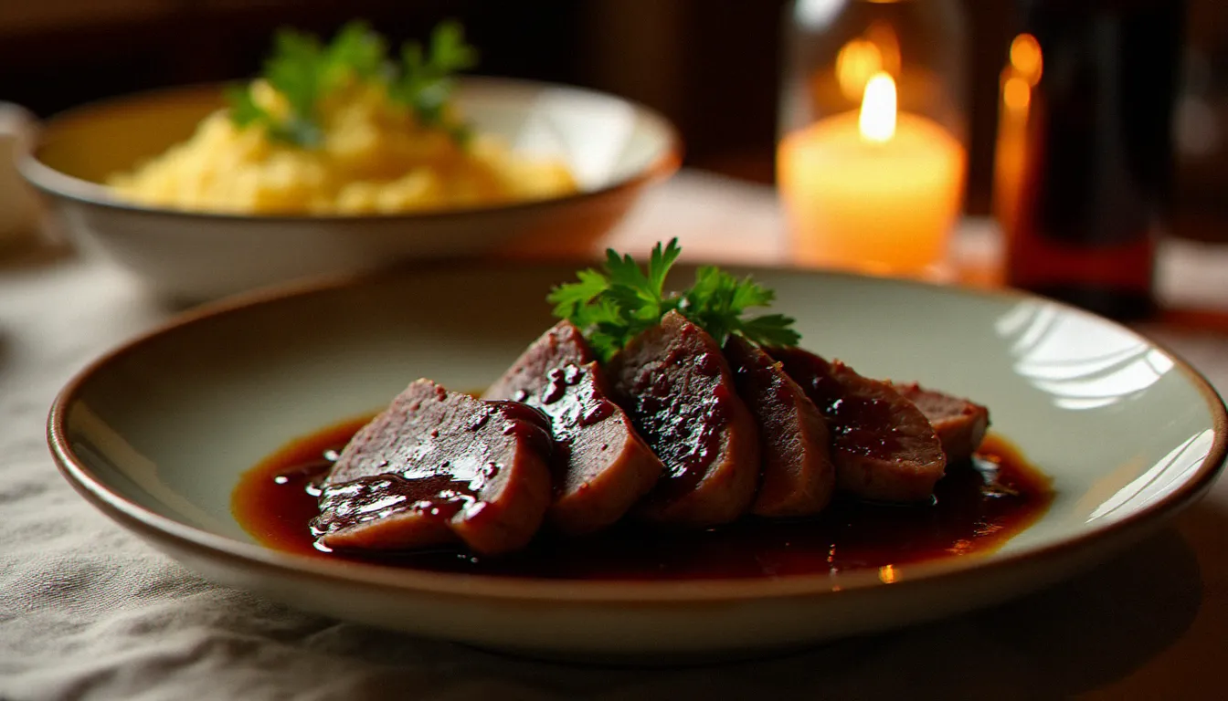 Assiette de braisé piémontais Francesca tranché en lamelles épaisses nappées de sauce au vin, servi avec de la polenta crémeuse au Parmigiano Reggiano
