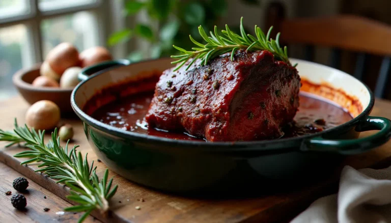Braisé de bœuf entier dans une cocotte en fonte émaillée, nappé d'une sauce au vin rouge piémontais pour la recette italienne Francesca