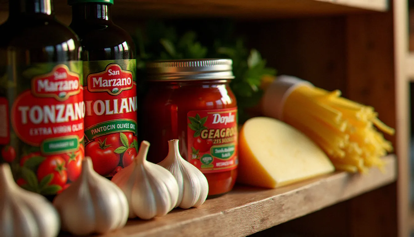 Étagère de garde-manger italien avec tomates San Marzano, huile d'olive, anchois en bocal, pâtes sèches et Parmigiano Reggiano, les ingrédients clés d'une recette italienne rapide