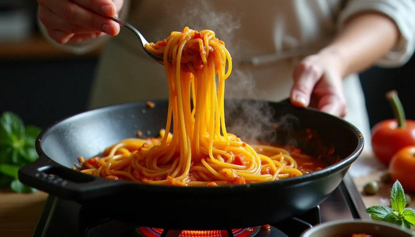 Mains en train de mantecare des spaghettis dans une poêle avec eau de cuisson amidonnée, geste clé pour réussir une recette italienne rapide al dente