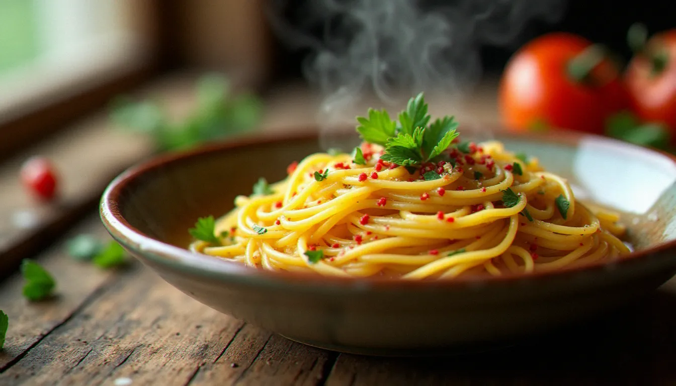 Un bol de spaghetti aglio olio e peperoncino fumant, exemple parfait de recette italienne rapide, posé sur un plan de travail en bois rustique avec lumière naturelle