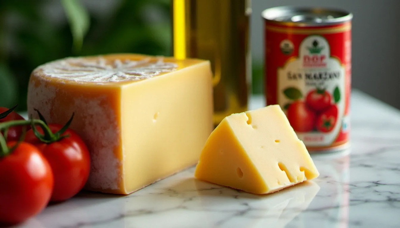 Produits italiens AOP et IGP — Parmigiano Reggiano, huile d'olive et tomates San Marzano — ingrédients essentiels pour une spécialité italienne recette authentique