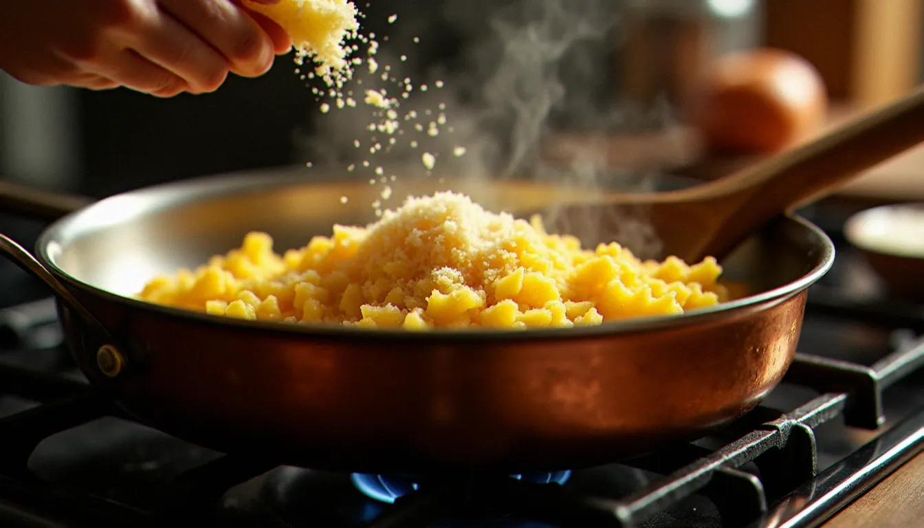 Risotto alla Milanese crémeux au safran dans une poêle en cuivre sur un fourneau italien, spécialité italienne recette emblématique de Lombardie