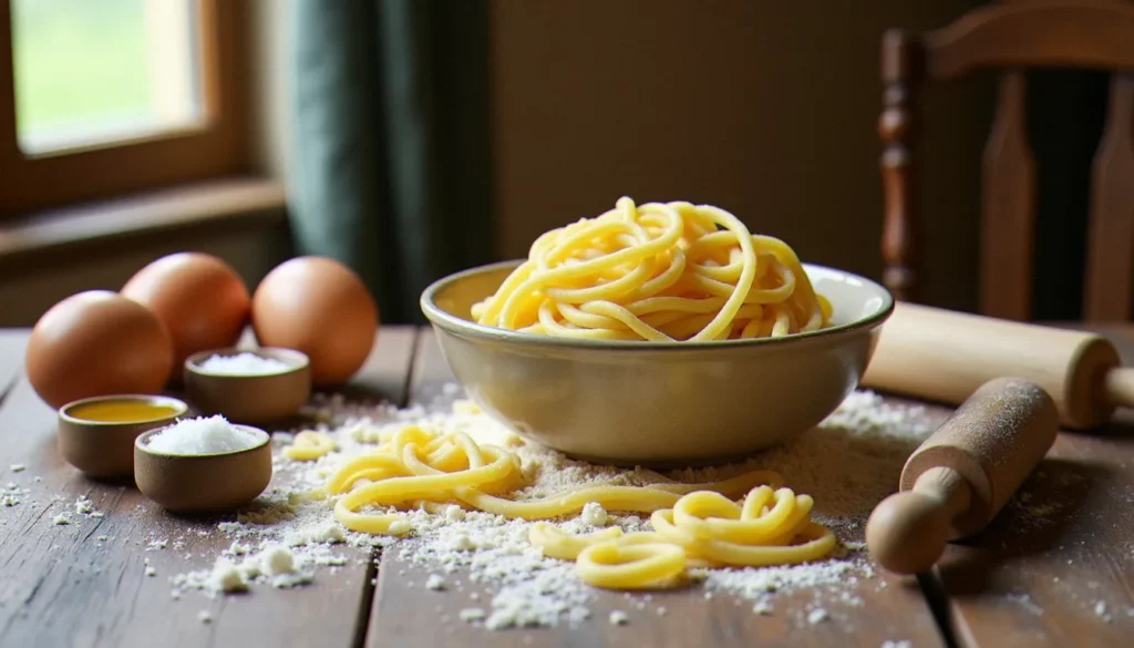 specialite italienne recette featured Table en bois rustique avec pâtes fraîches italiennes maison, farine et œufs, illustrant une spécialité italienne recette traditionnelle