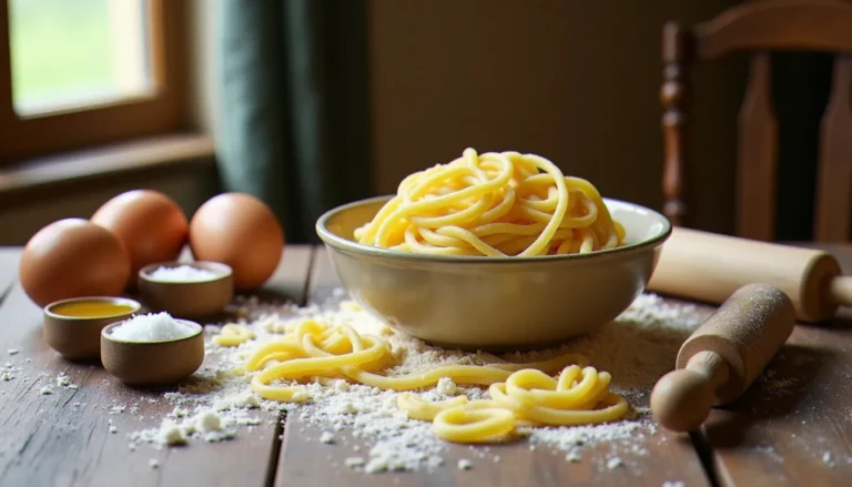 Table en bois rustique avec pâtes fraîches italiennes maison, farine et œufs, illustrant une spécialité italienne recette traditionnelle