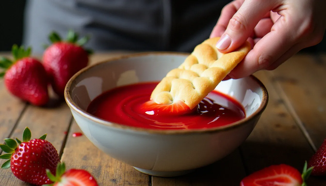 Mains trempant un biscuit à la cuillère dans un coulis de fraises rouge vif dans un bol peu profond, fraises fraîches disposées sur une table en bois