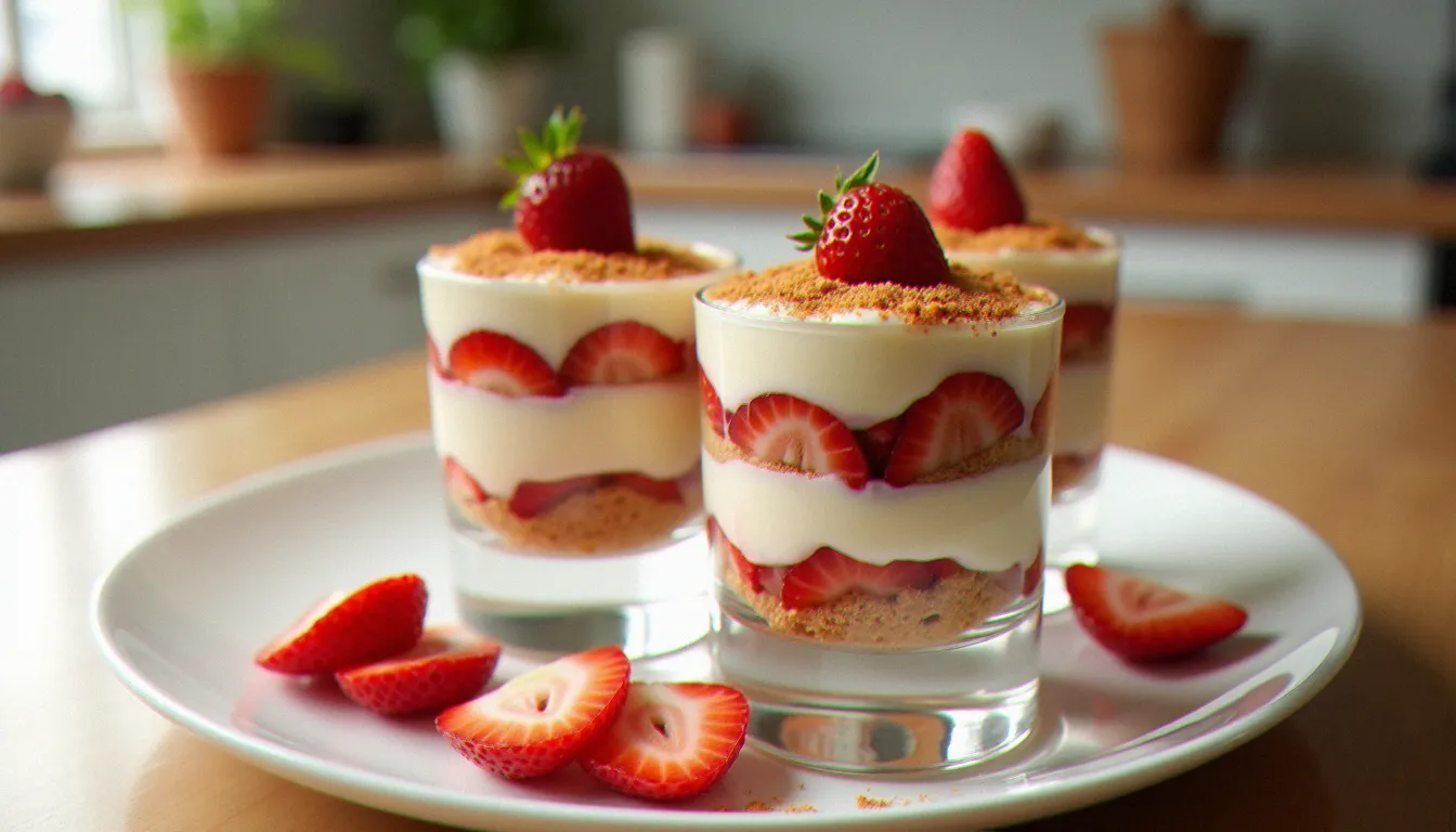 Verrine individuelle de tiramisu fraise avec couches visibles de crème mascarpone et de fraises, une fraise entière posée sur le dessus, fond de cuisine lumineux