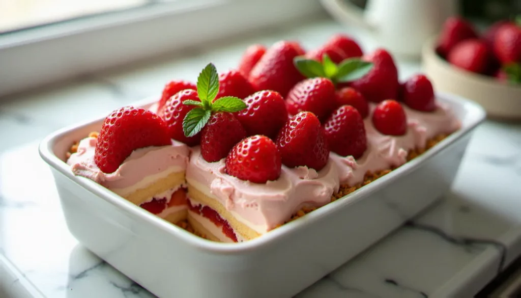 tiramisu fraise featured Tiramisu fraise en plat rectangulaire blanc, décoré de fraises fraîches entières et de feuilles de menthe, vu de dessus sur un plan de travail en marbre
